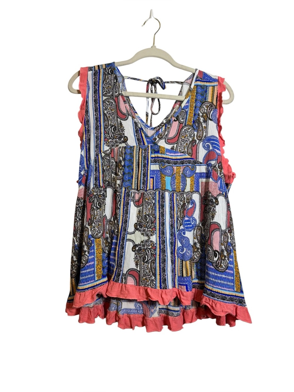 Grace & Emma Boho Patchwork Ruffle Tank Top in Coral, Blue & White sz 2XL